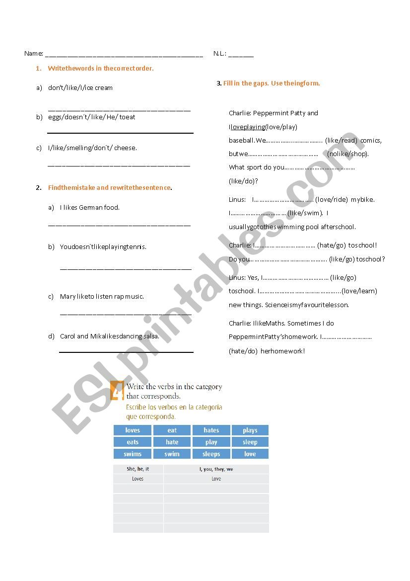 Mini-check like, hate, love - ESL worksheet by LovelyT