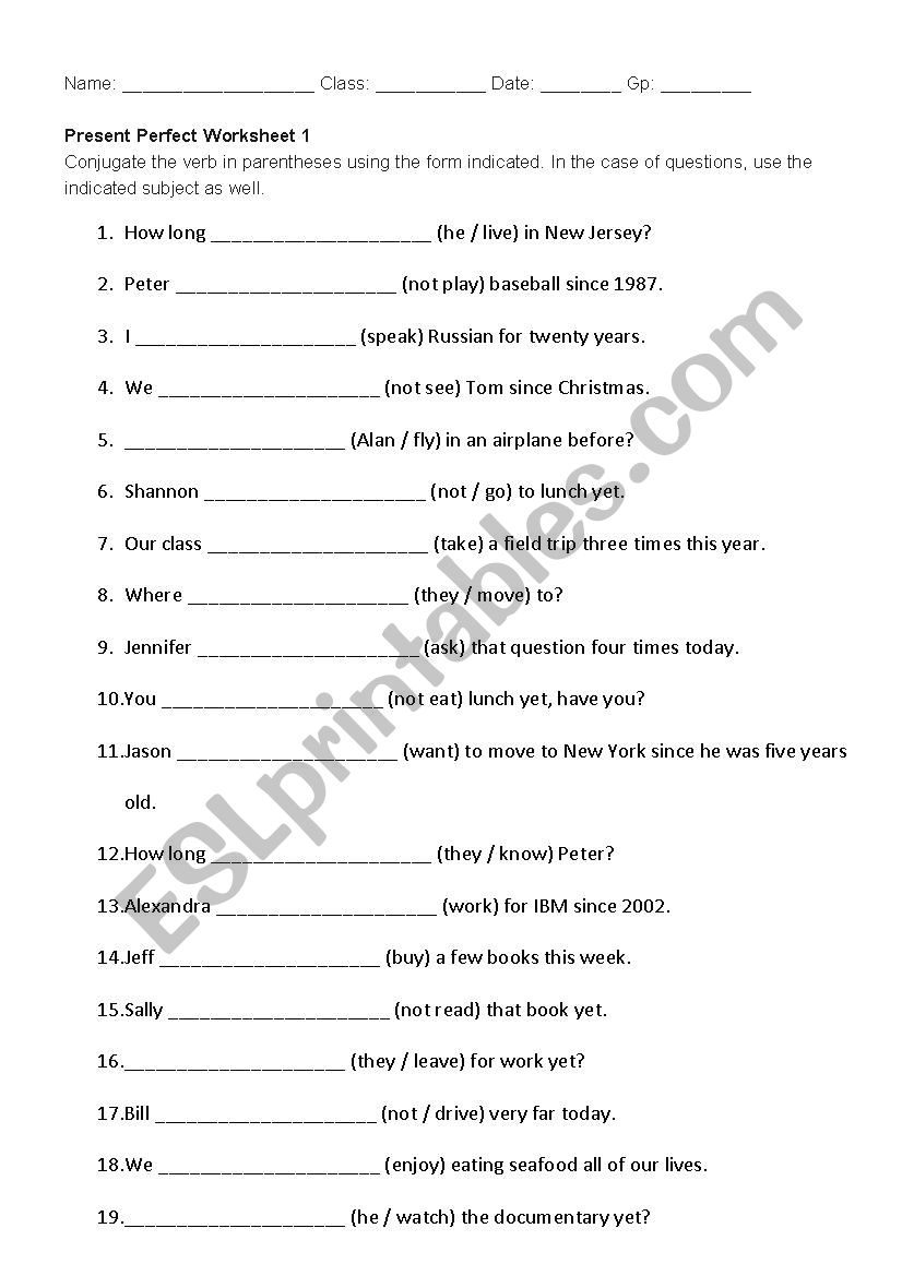 Present Perfect Tense worksheet