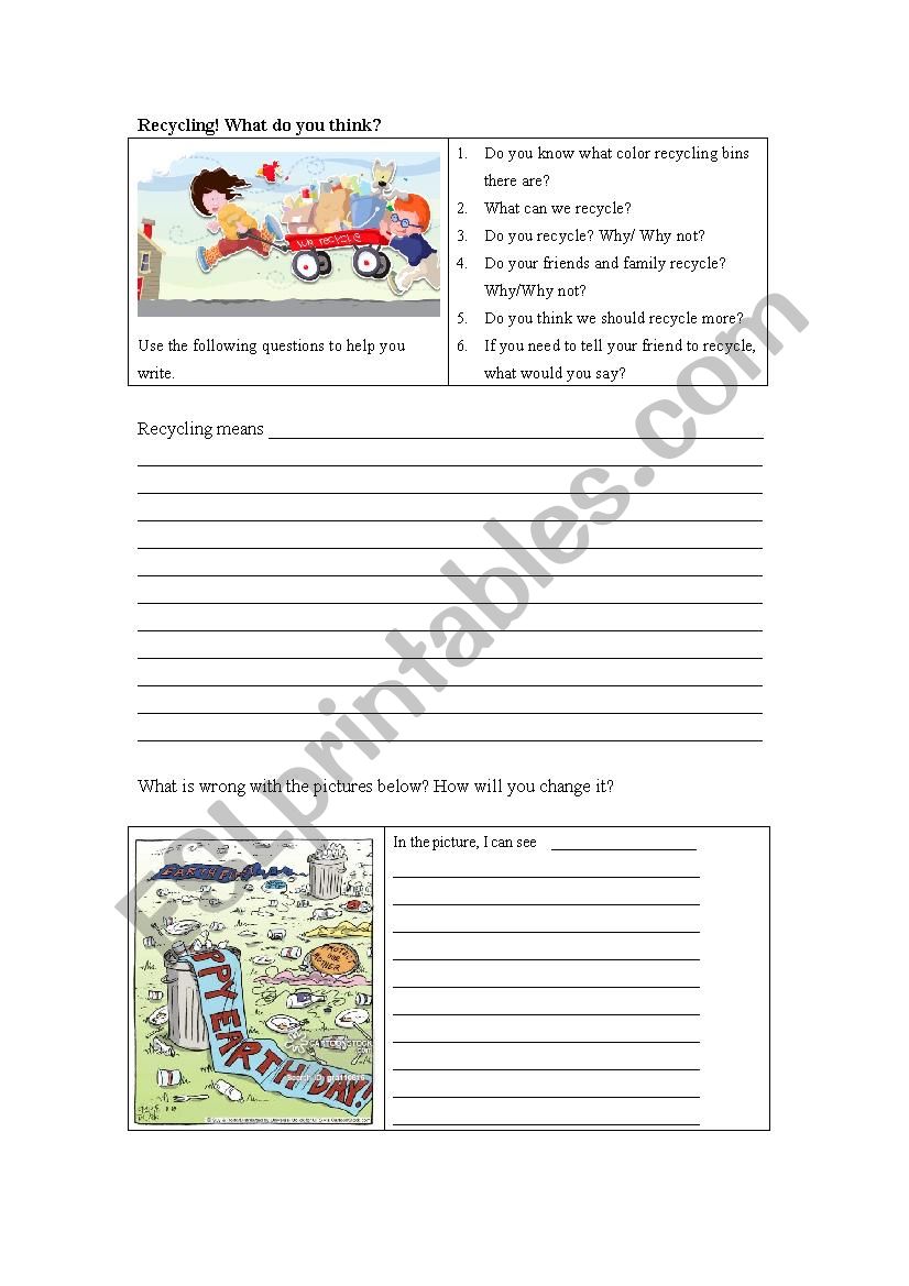 Recycling Writing Worksheet worksheet