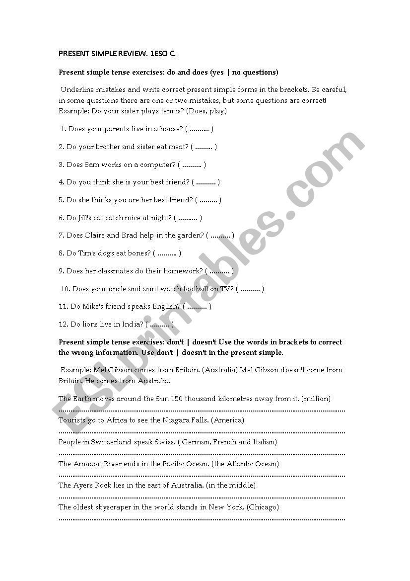 PRESENT SIMPLE REVIEW worksheet