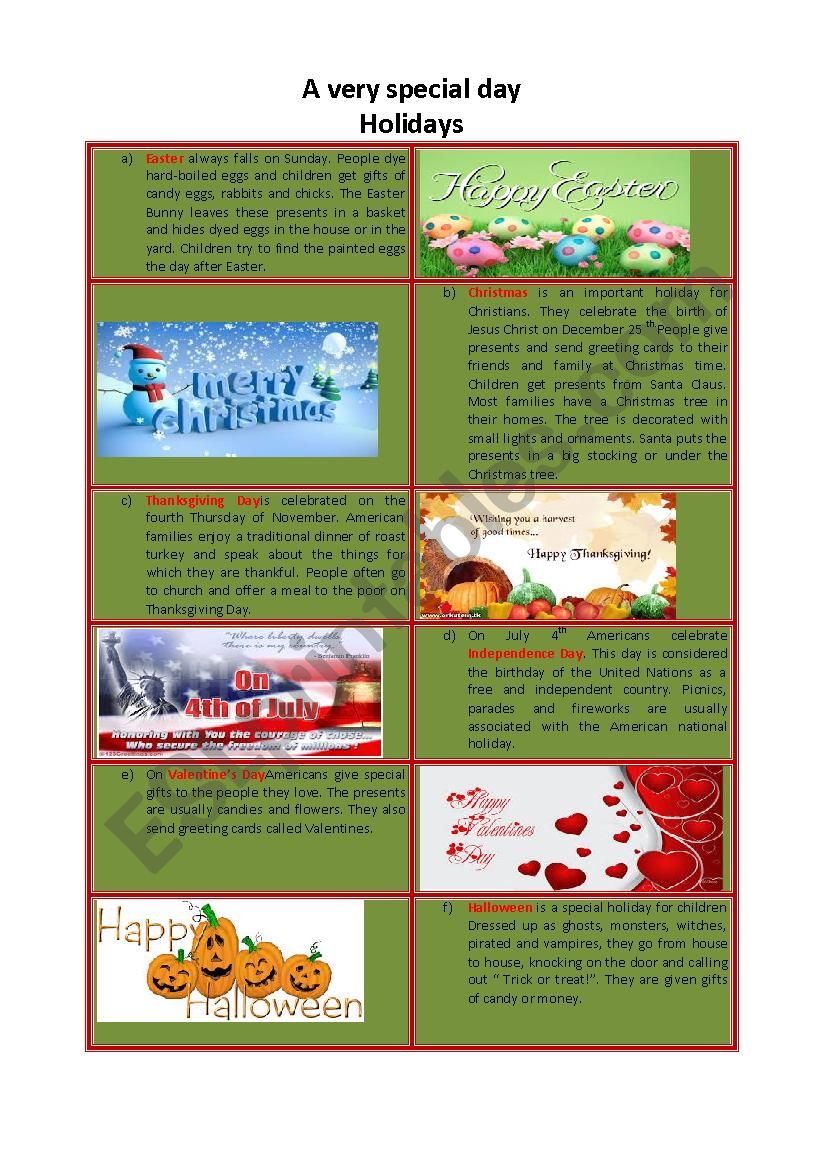 A very special day - Holidays worksheet