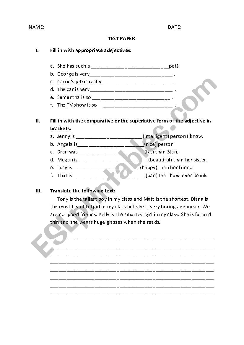 Test for 5th grade worksheet