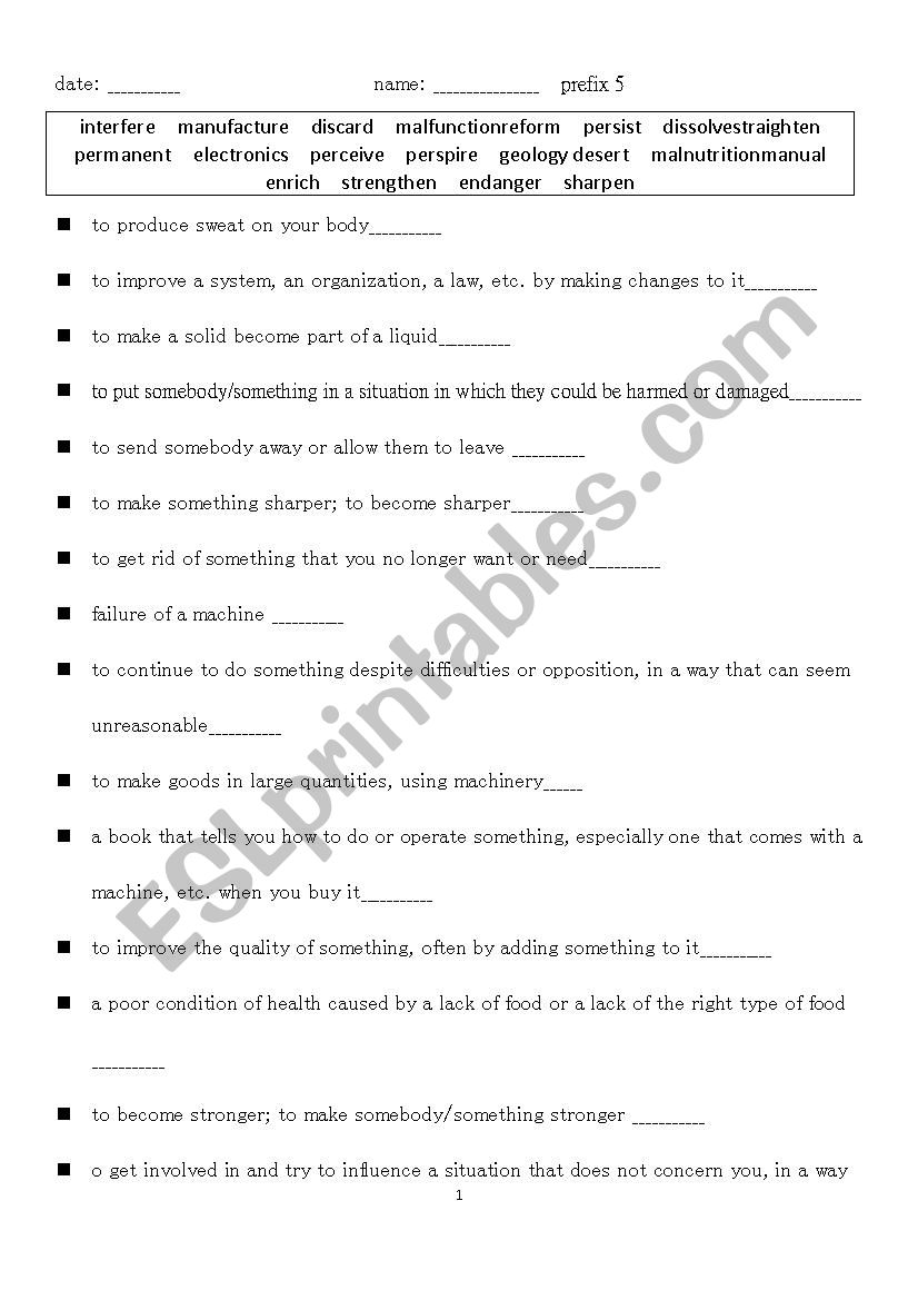 prefix/explanations 5 worksheet