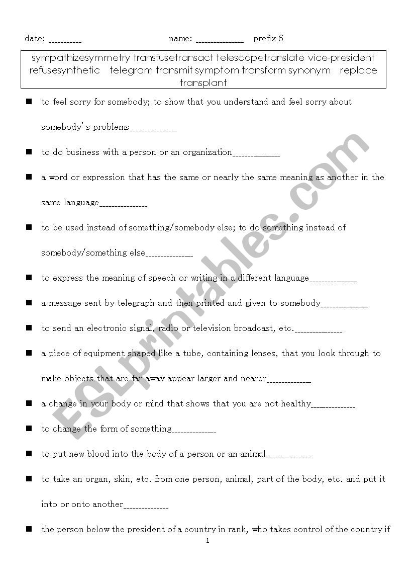 prefix/explanations 6 worksheet