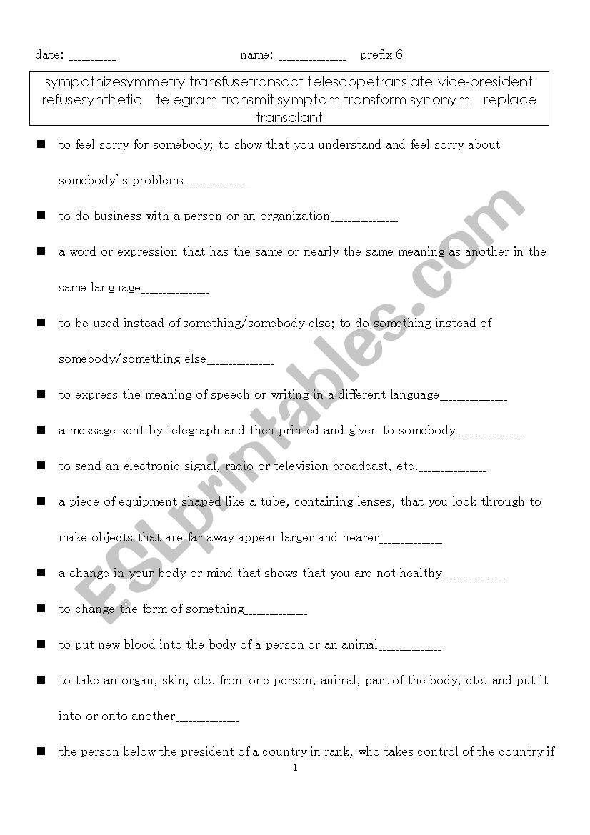 prefix/explanations 6 worksheet