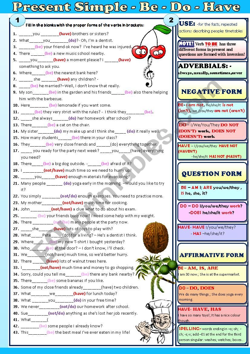 Present Simple of the verbs BE, DO and HAVE-exercises and explanations