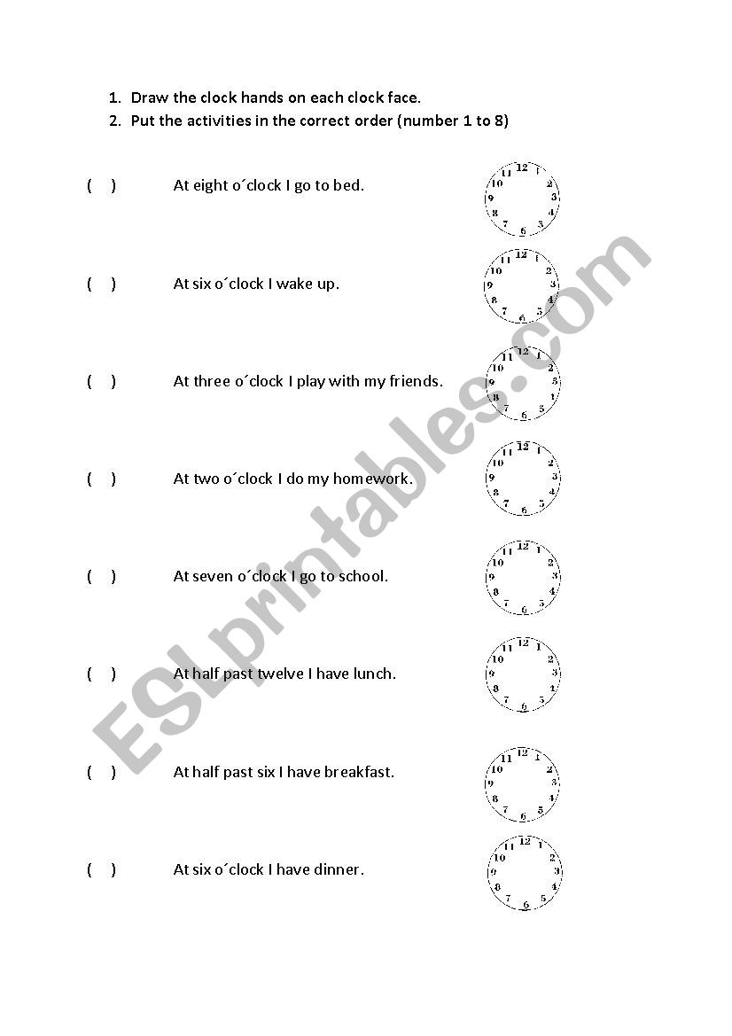 Draw the clock times and match to the activities