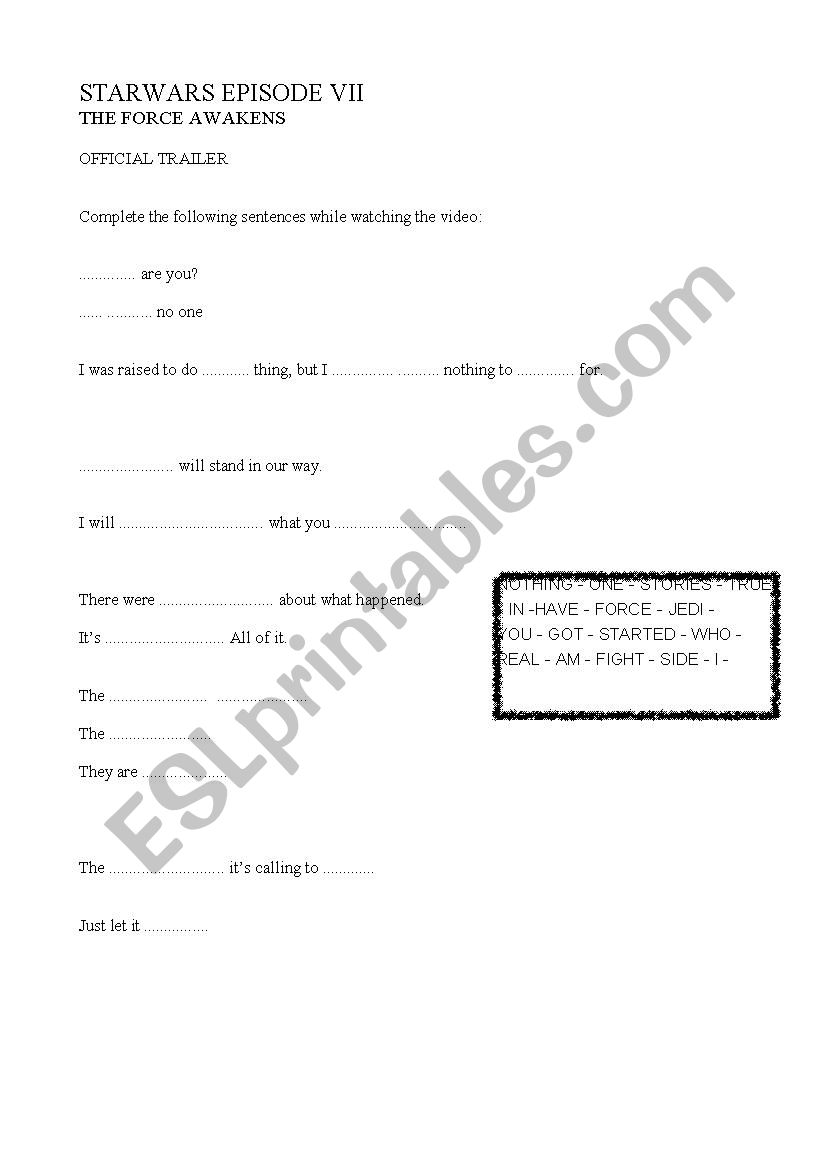 star wars trailer worksheet