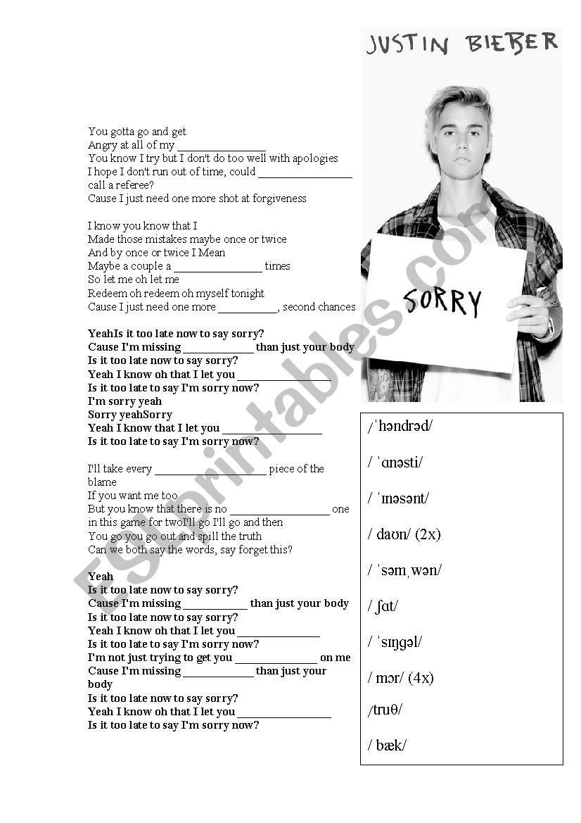 Song Worksheet: Sorry by Justin Bieber