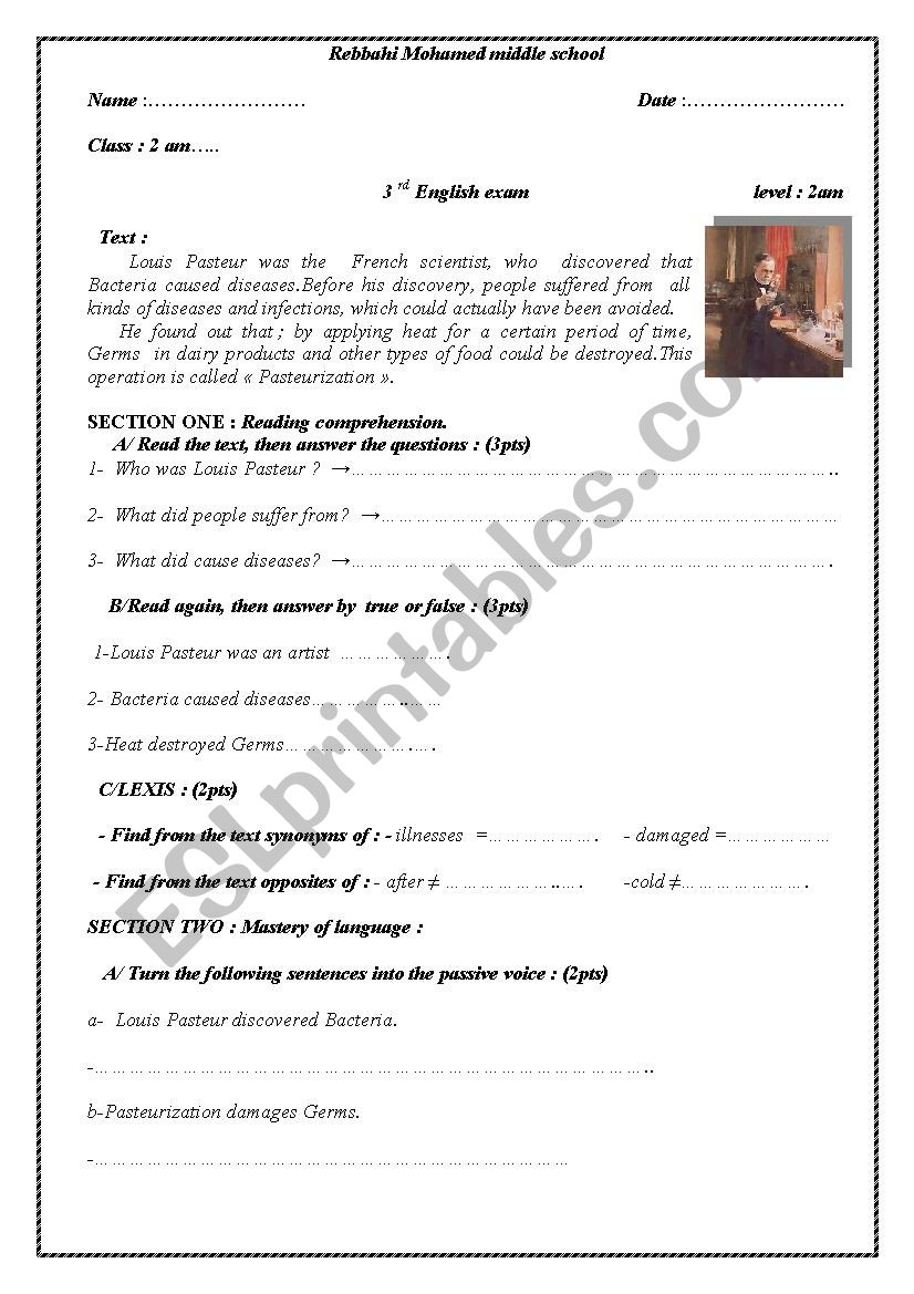 A test about Louis Pasteur and his discovery designed for 4th year Algerian middle school