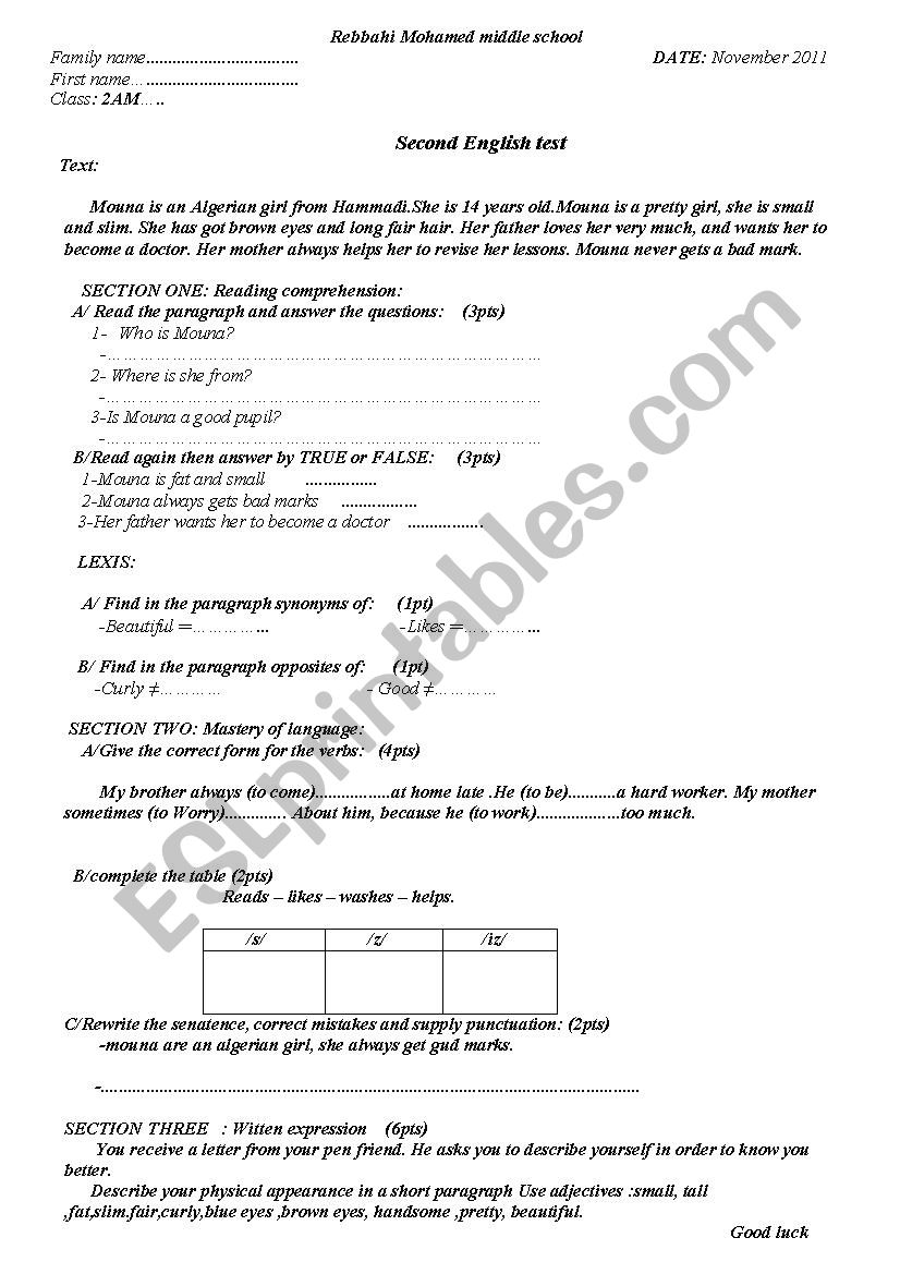 Test about physical appearance designed for 2nd year Algerian  Middle school students 