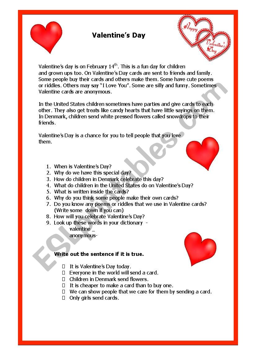 Valentines Day Comprehension 