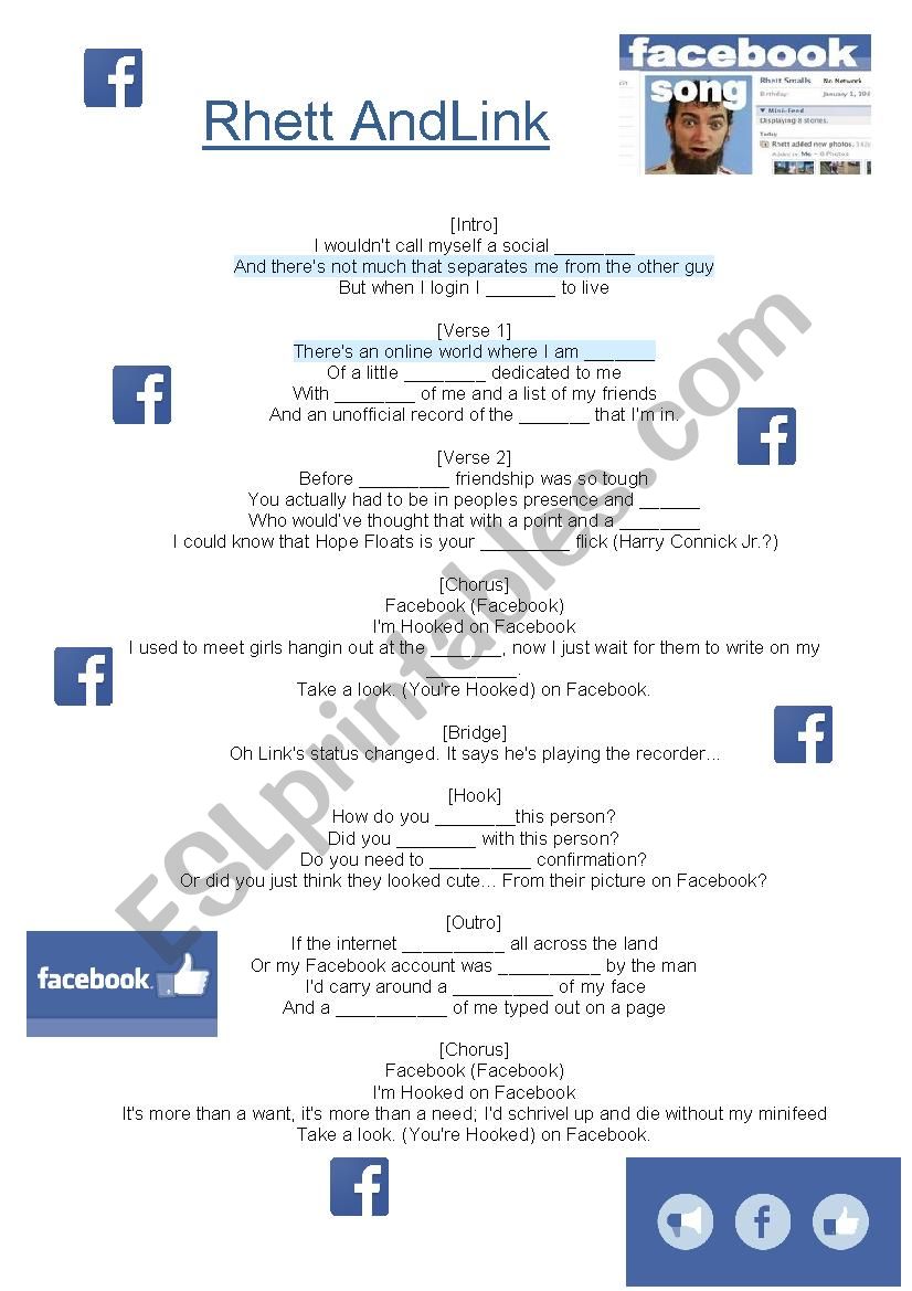 Song Worksheet - Facebook worksheet