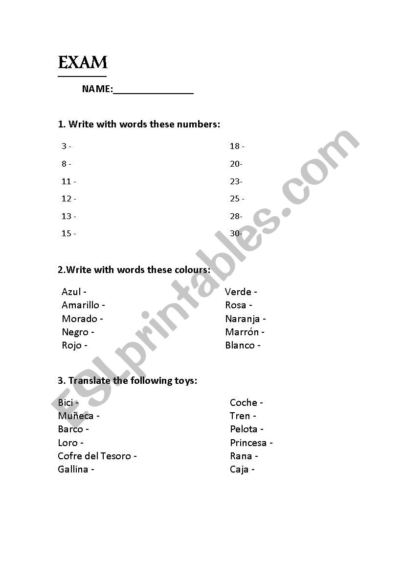 Exam - numbers, colours, toys.