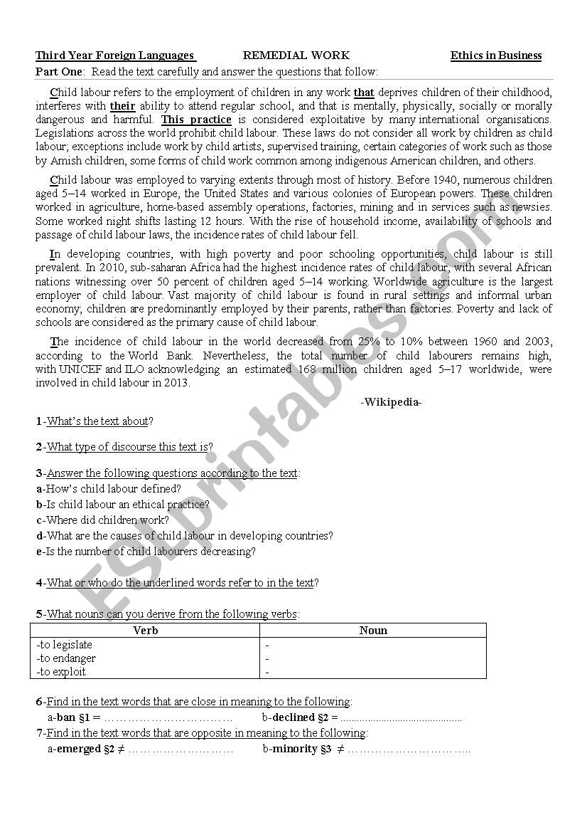 child labour worksheet