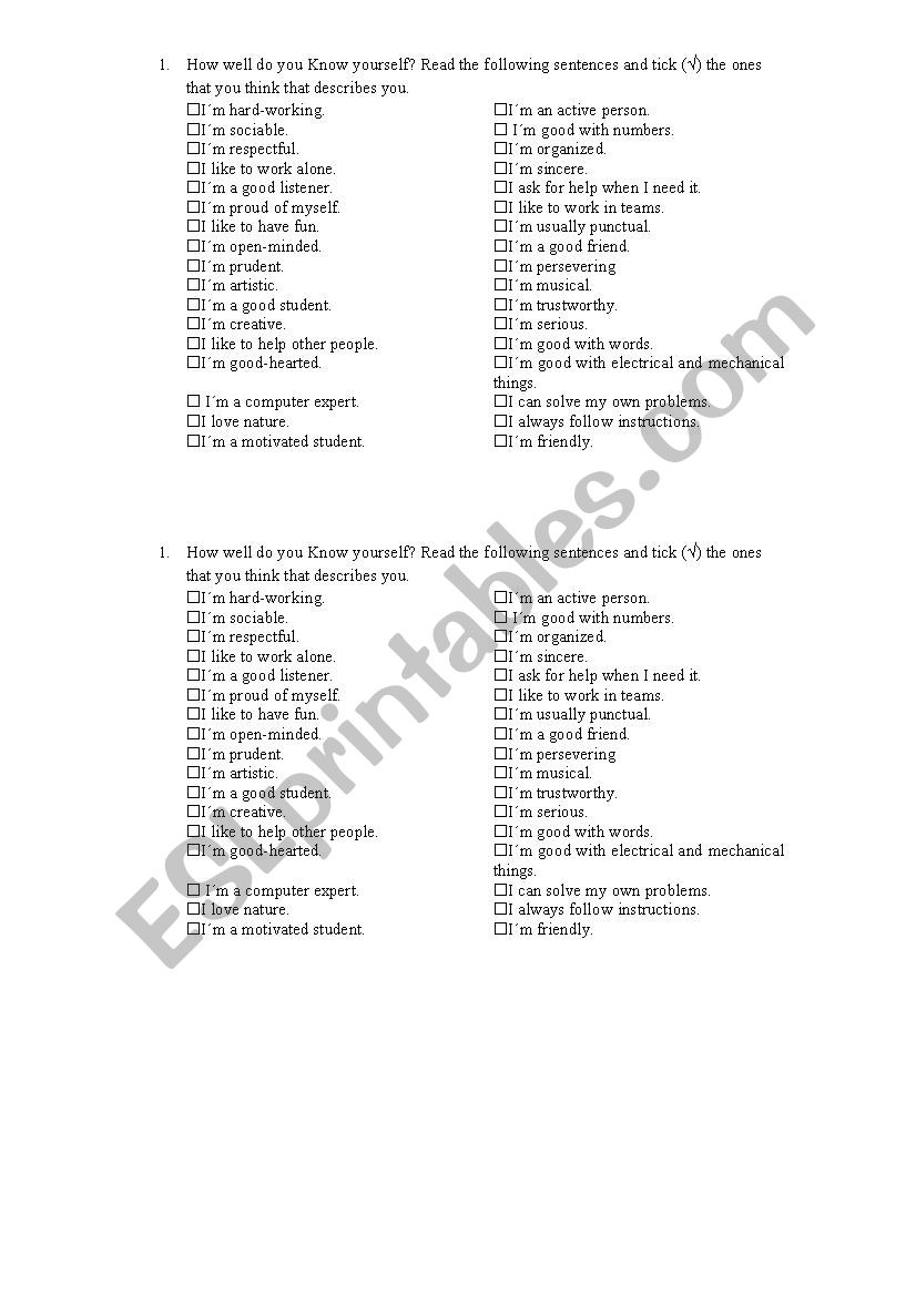 Knowing Yourself worksheet