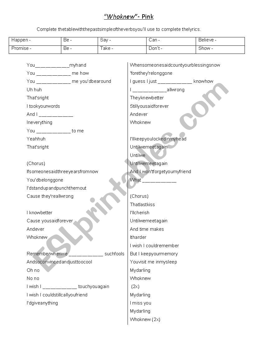 Pink - Who knew - song lyrics worksheet