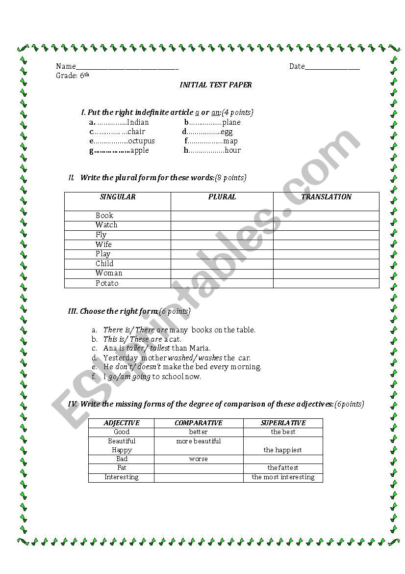 Initial Test Paper Grade 6 worksheet