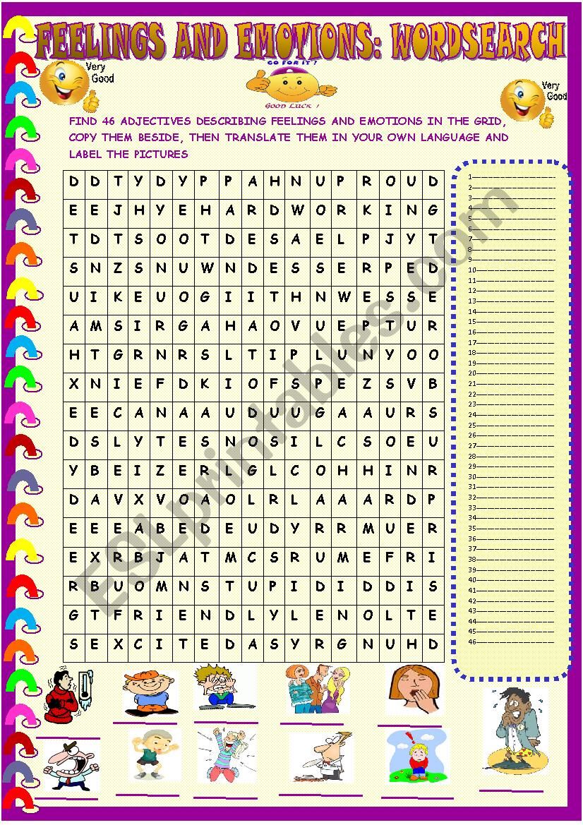 Feelings and emotions : wordsearch with KEY