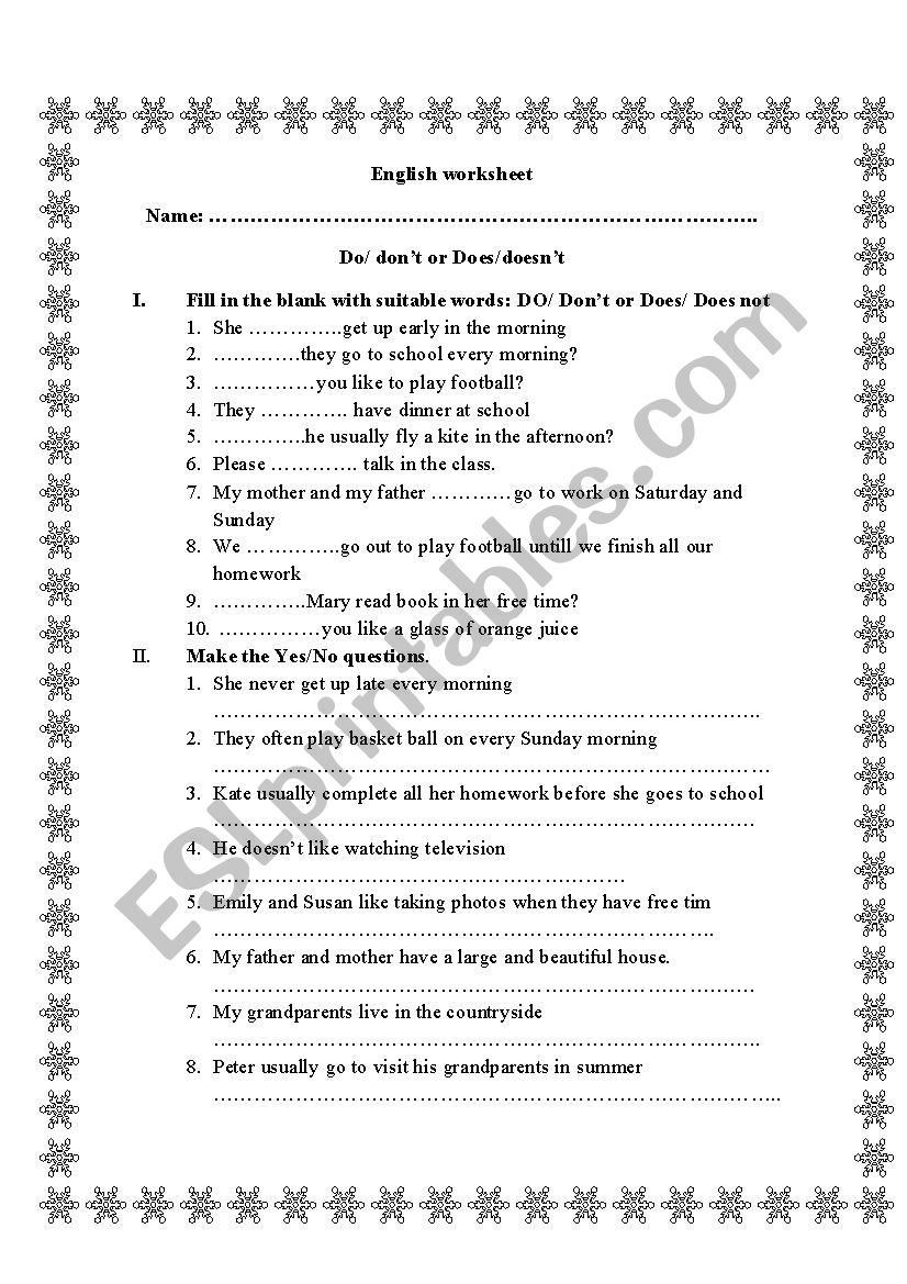 Grammar worksheet on Do or Does