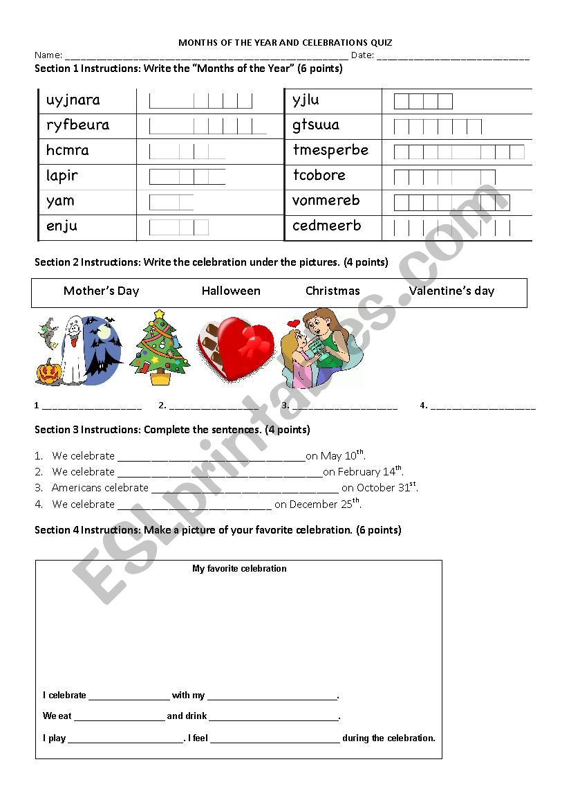 Celebrations quiz worksheet
