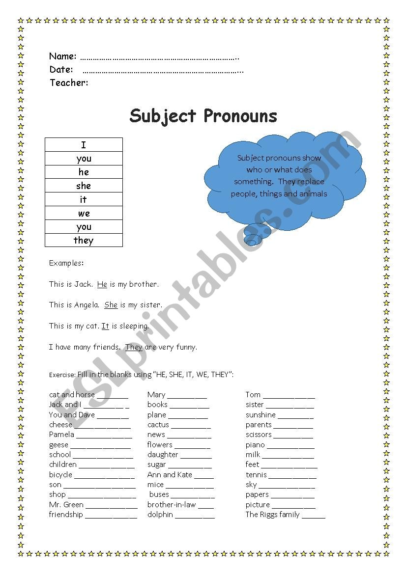 Subject Pronouns worksheet