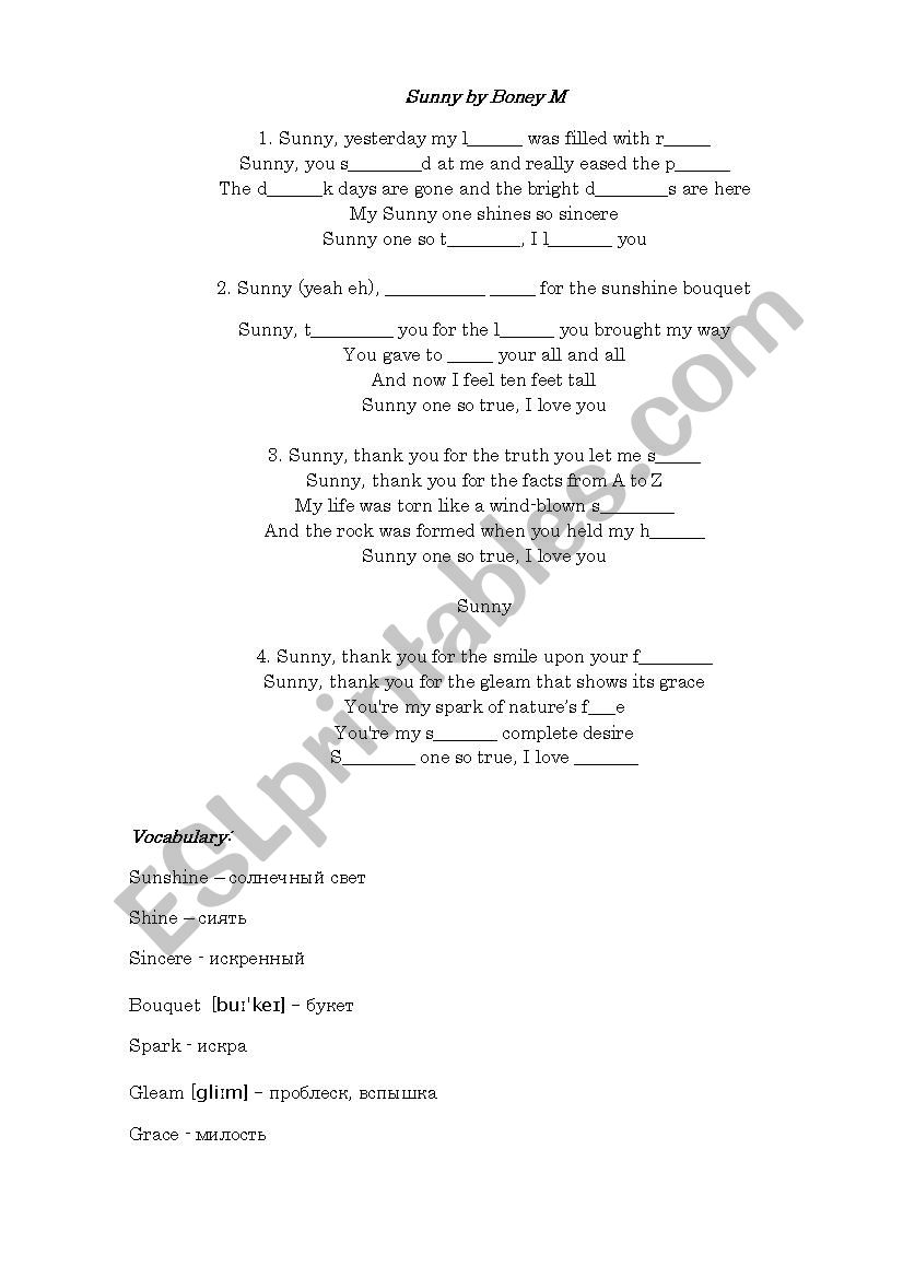 Sunny by Boney M. worksheet