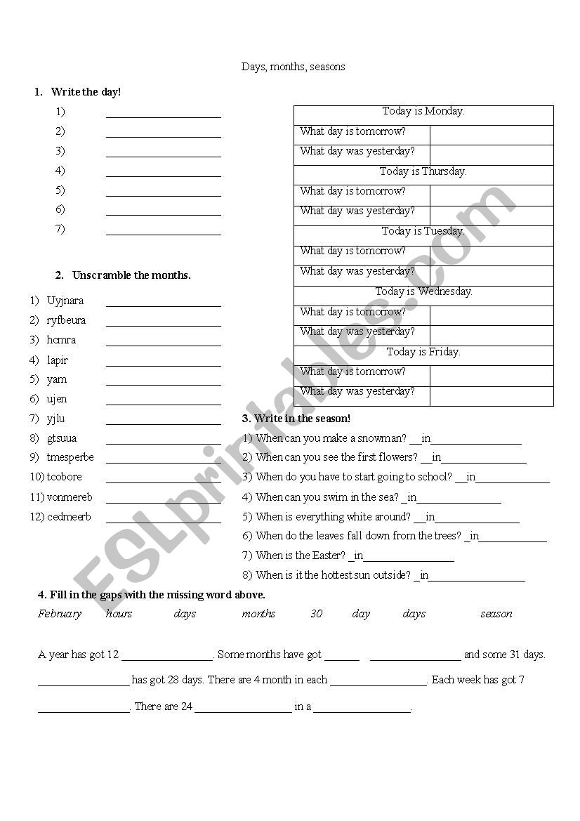 Days, months, seasons worksheet