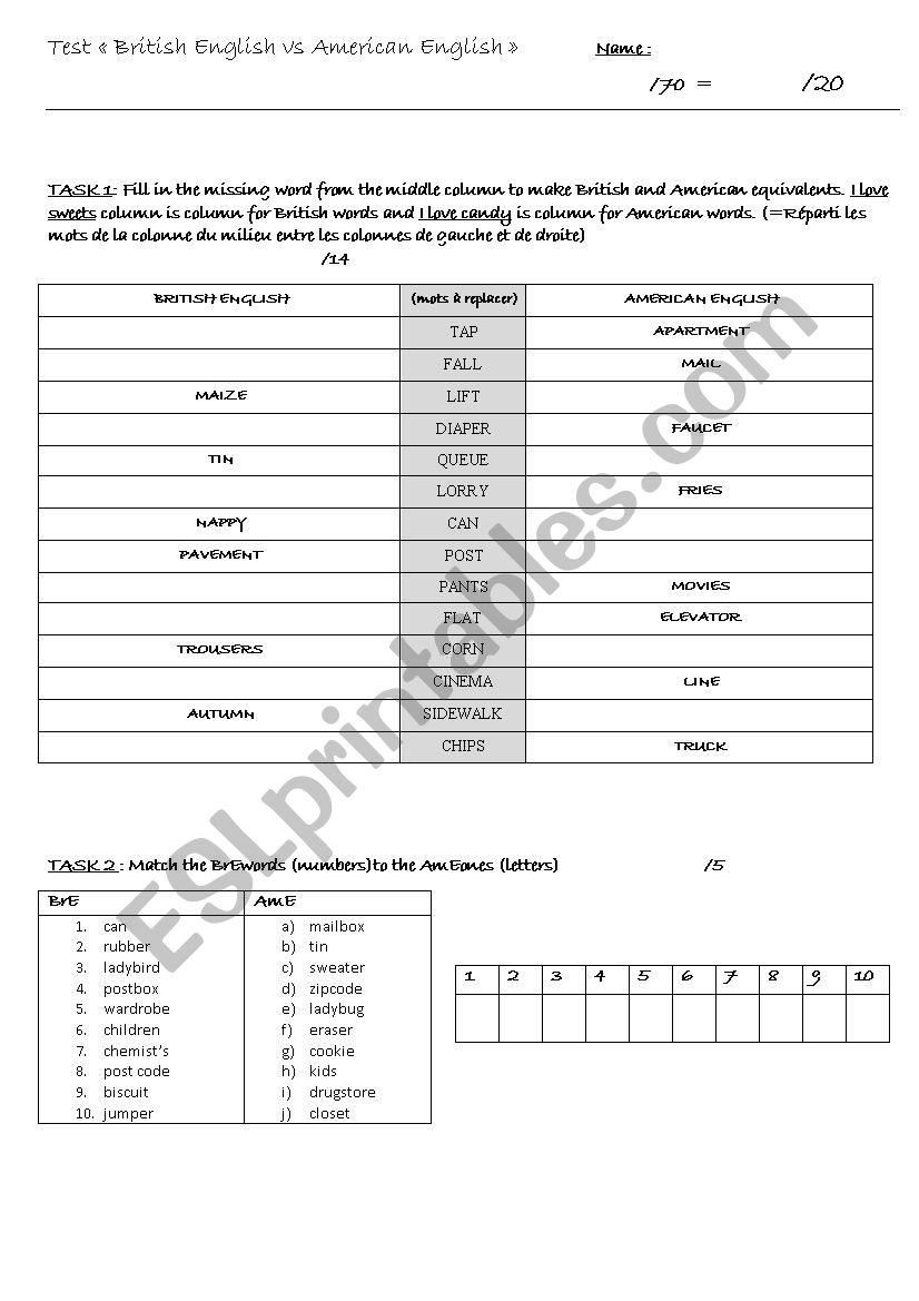 TEST - British English vs American English (vocab & spelling)