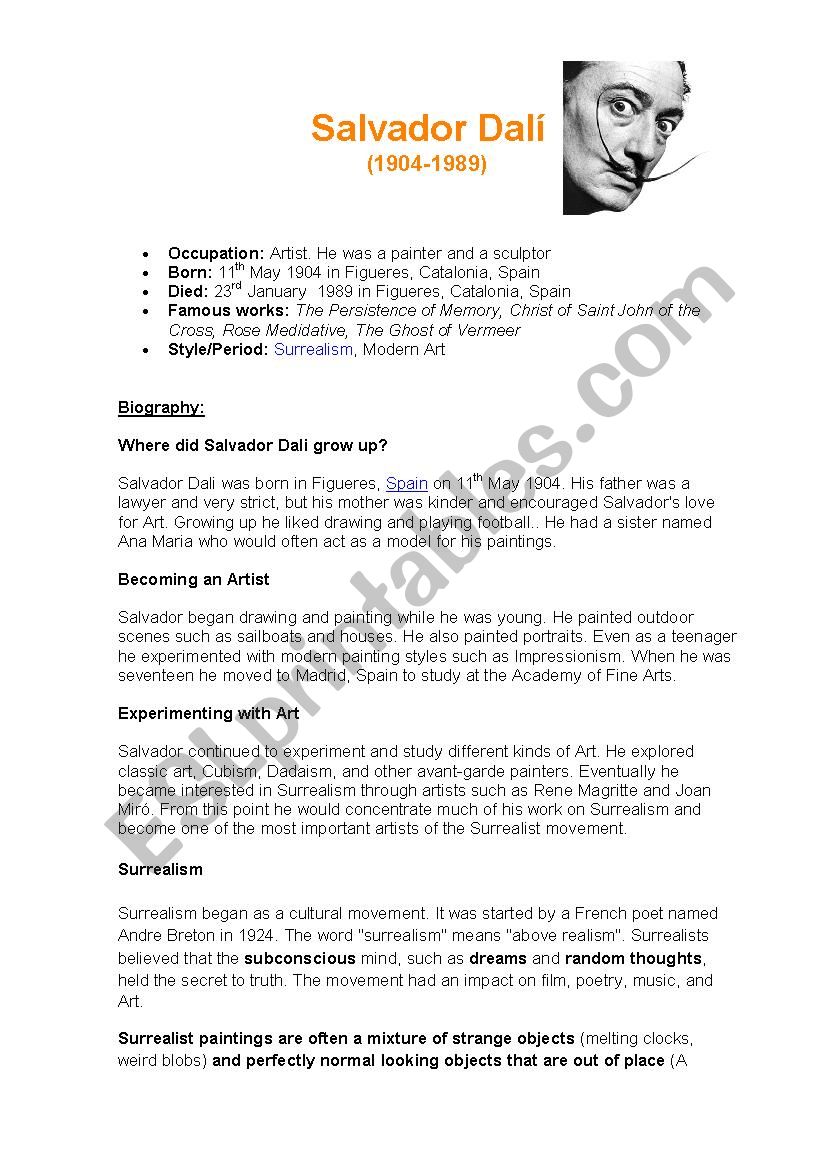 DalÃ­ Biography worksheet