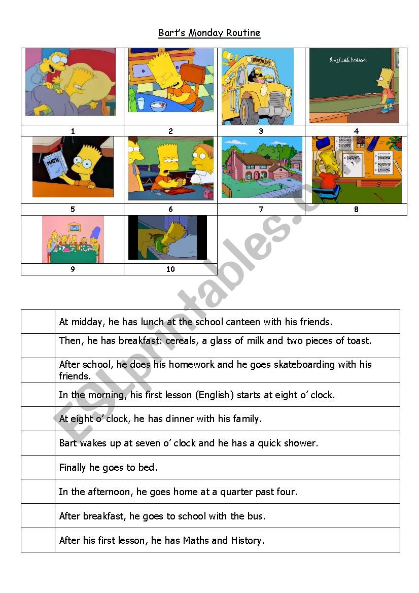 Bart Simpsons routine worksheet