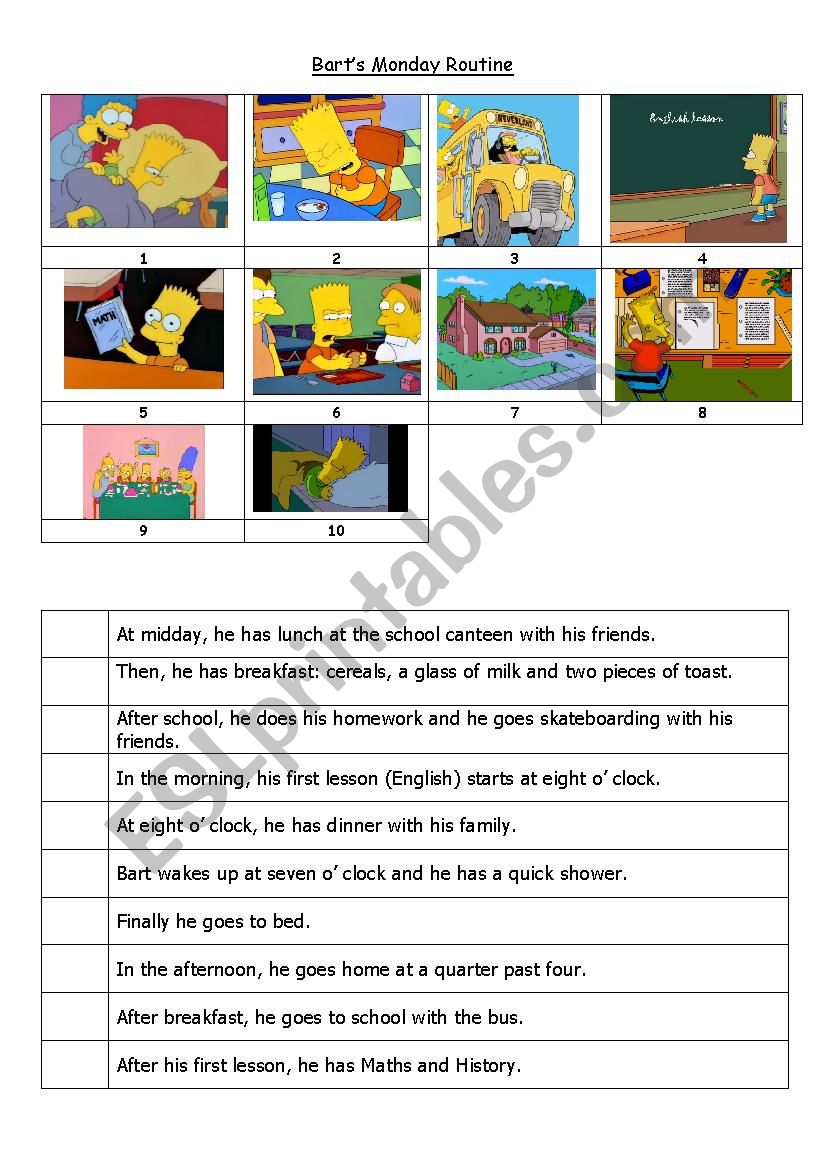 Bart SimpsonÂ´s routine worksheet