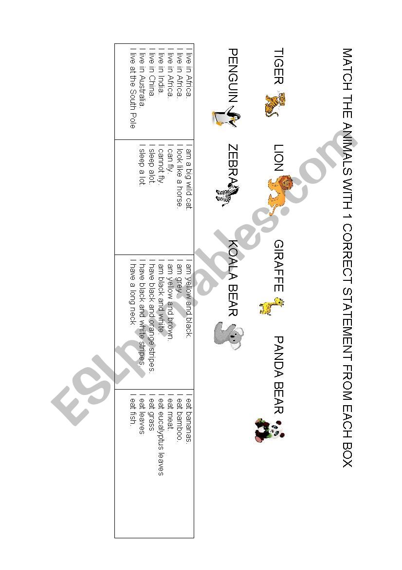 Match the wild animal with 3 statements