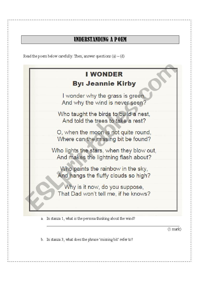 UNDERSTANDING A POEM worksheet