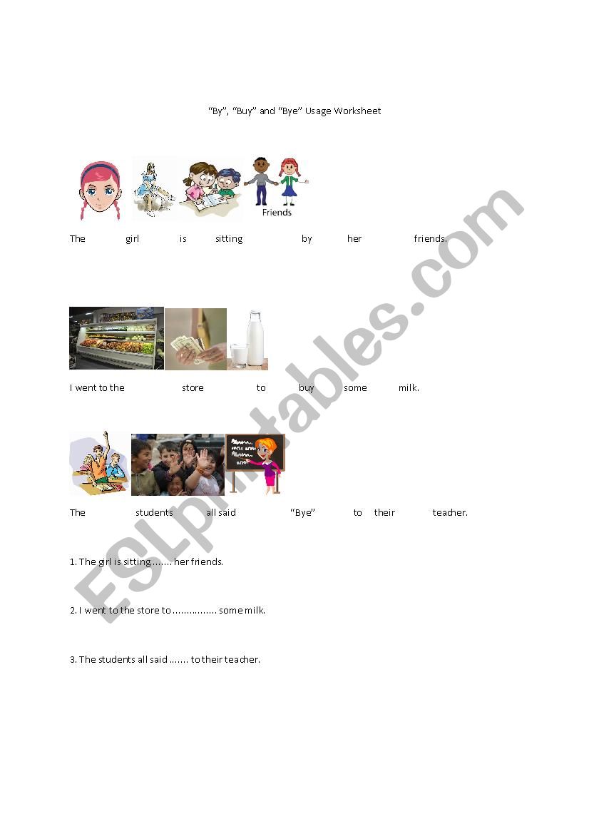 Homophones - By, Buy and Bye Usage Worksheet with Visuals