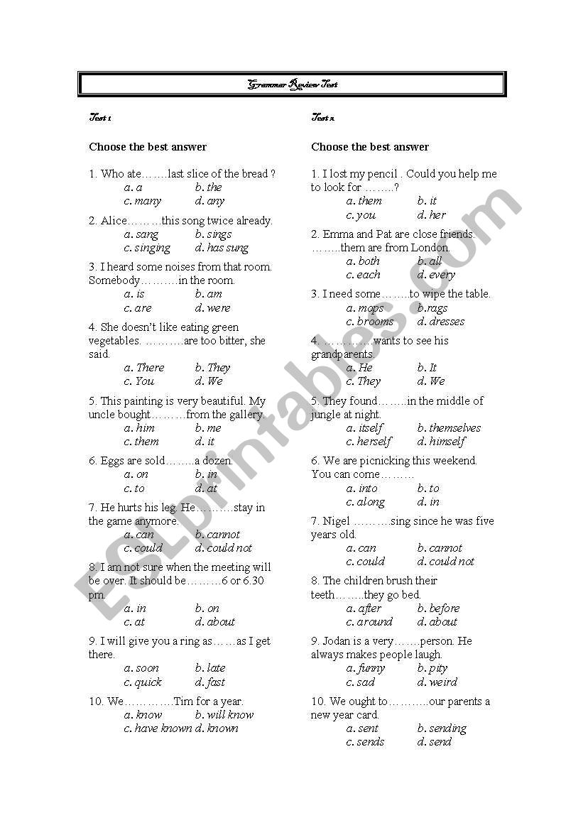 grammar review test worksheet