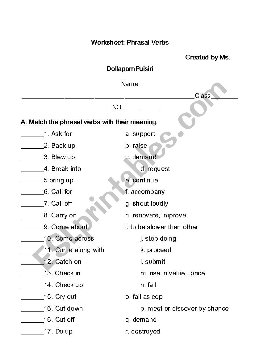 Phrase verb worksheet