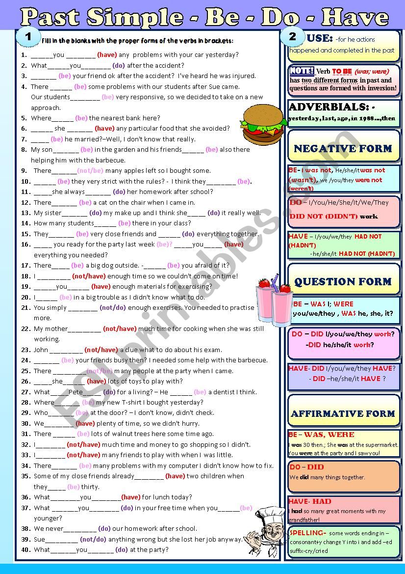 Past Simple of the verbs BE, DO and Have - exercises and explanations