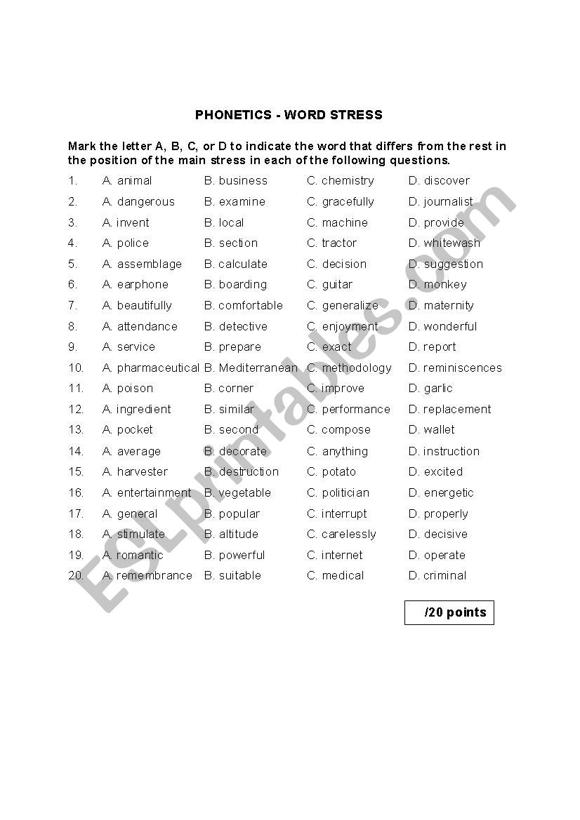 Phonetics - Word Stress 3 worksheet