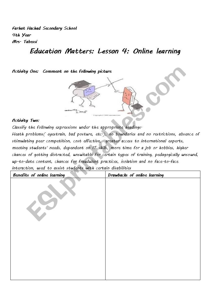 online learning worksheet