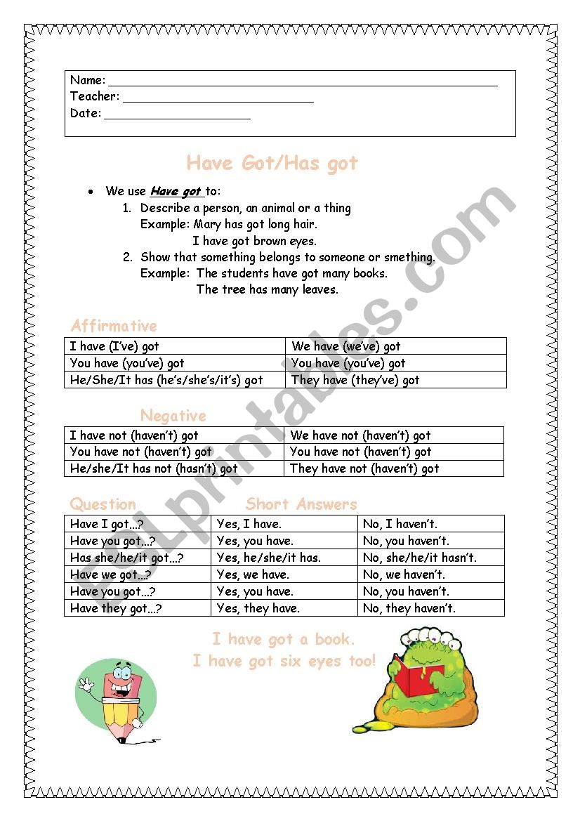 Have got - Explanation worksheet