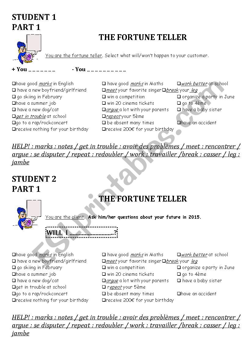 fortune teller worksheet