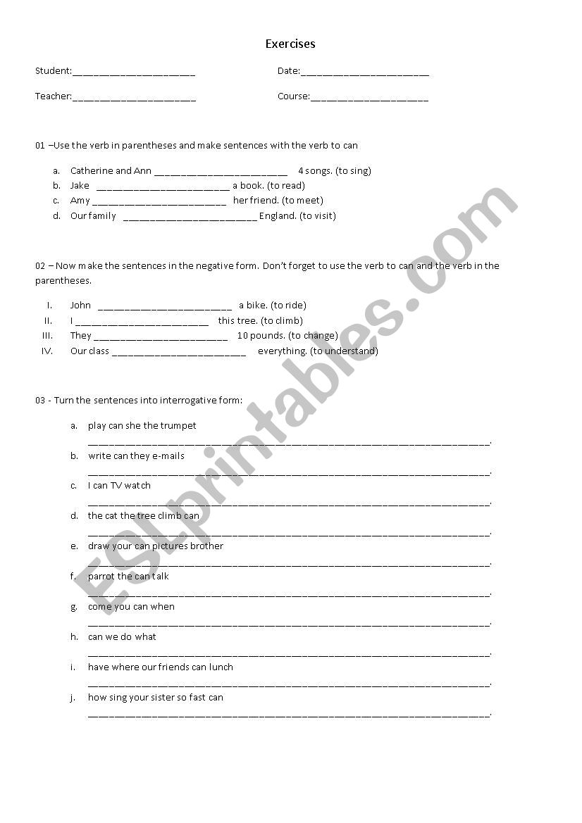 Verb to Can exercise worksheet