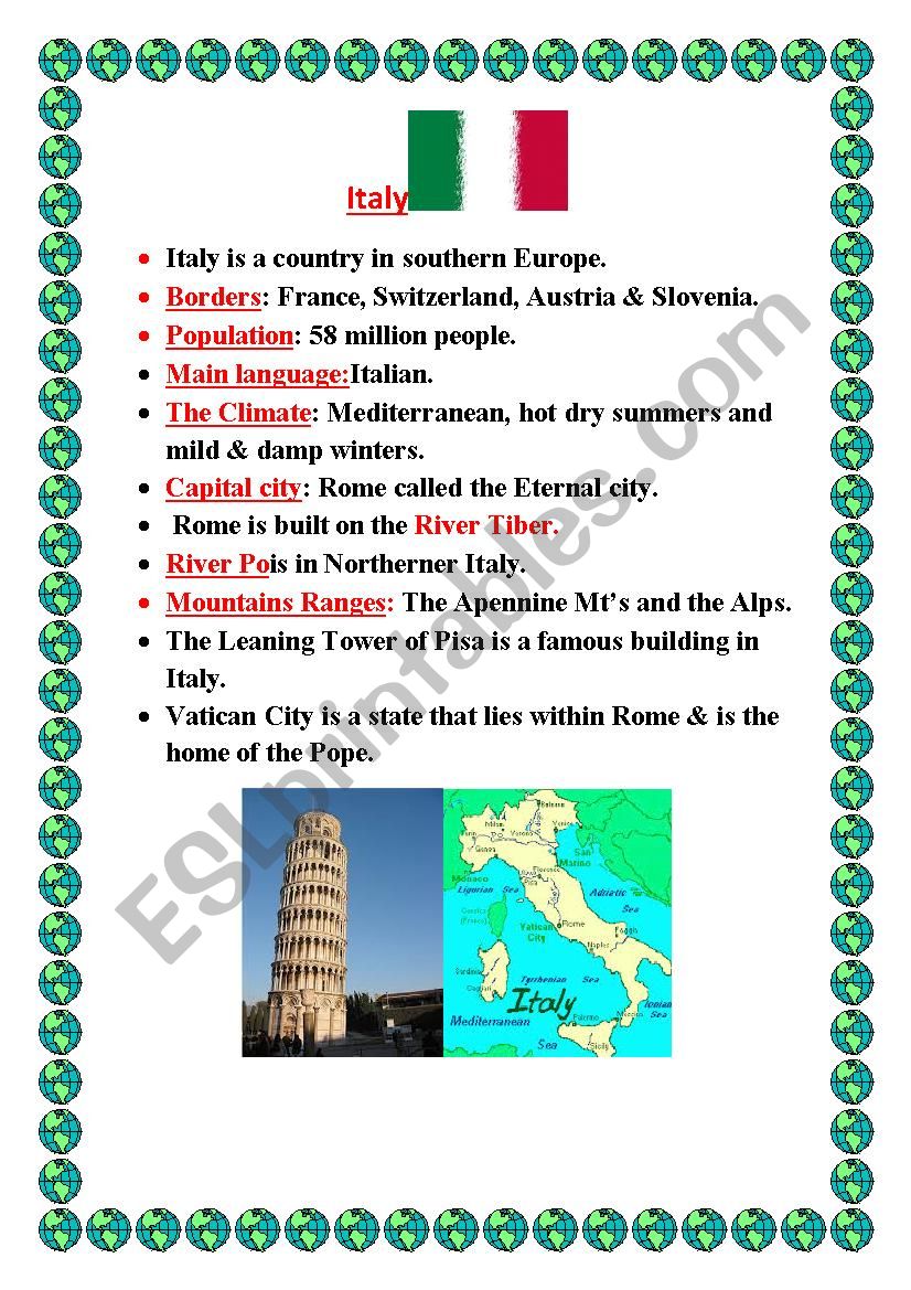 Italy ESL Worksheet By Cwcars09