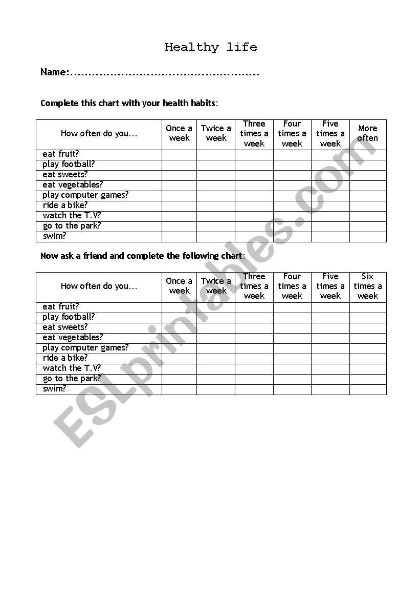 Healthy life worksheet