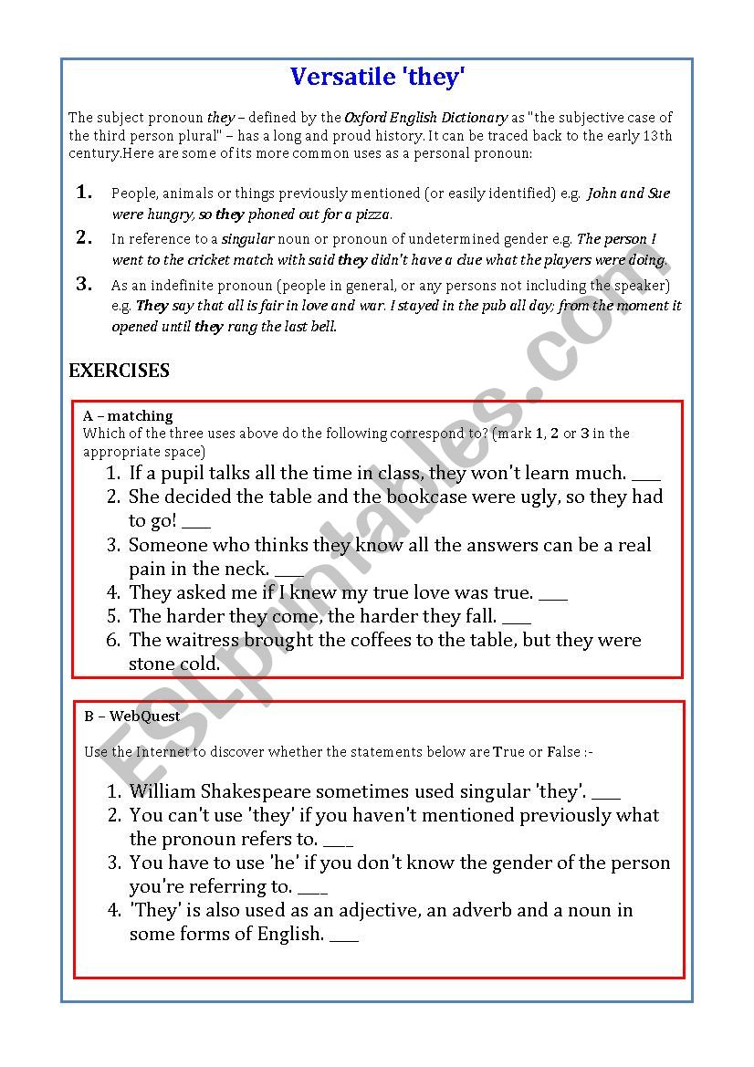 Versatile they worksheet