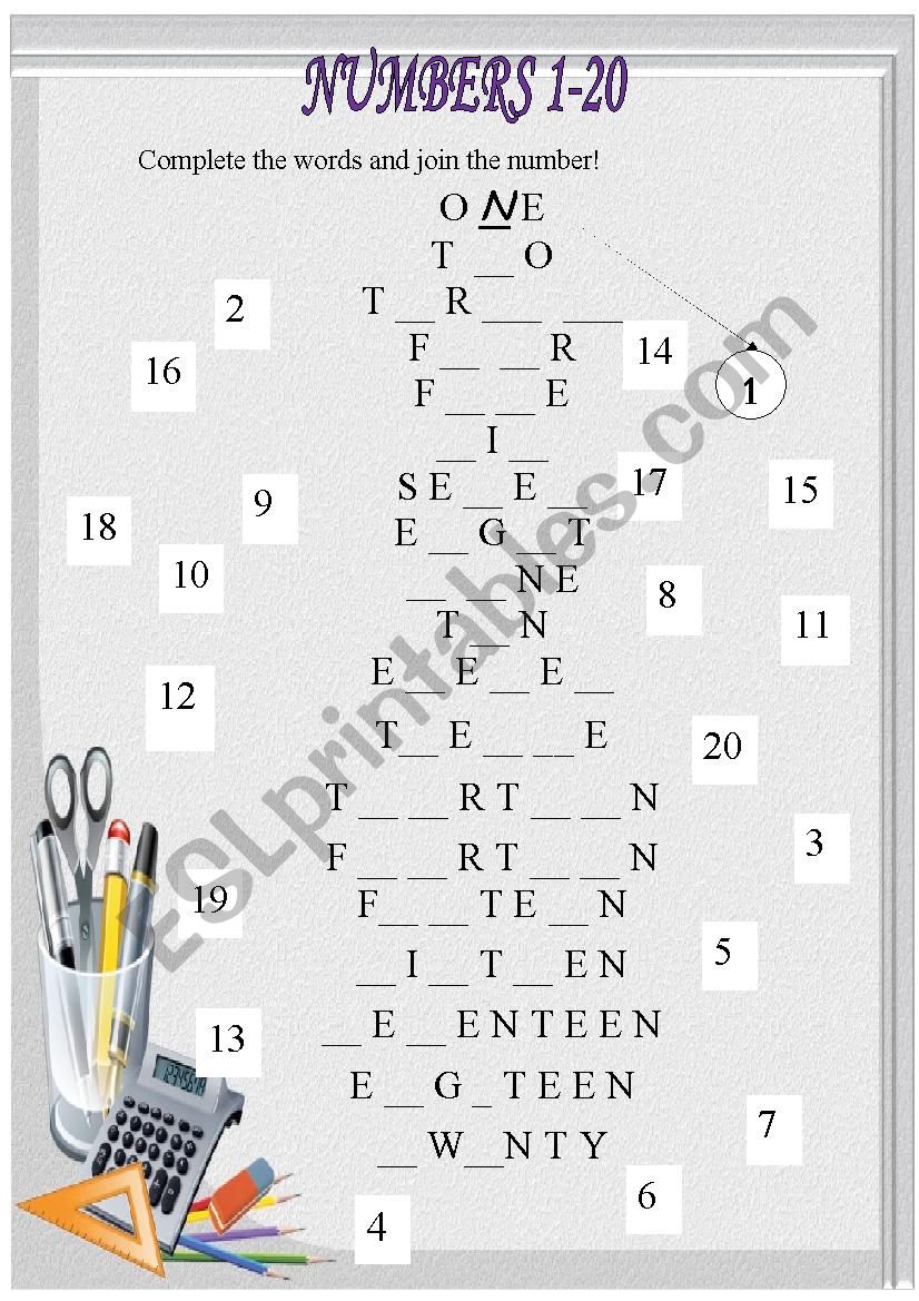 Numbers 1-20 spelling worksheet