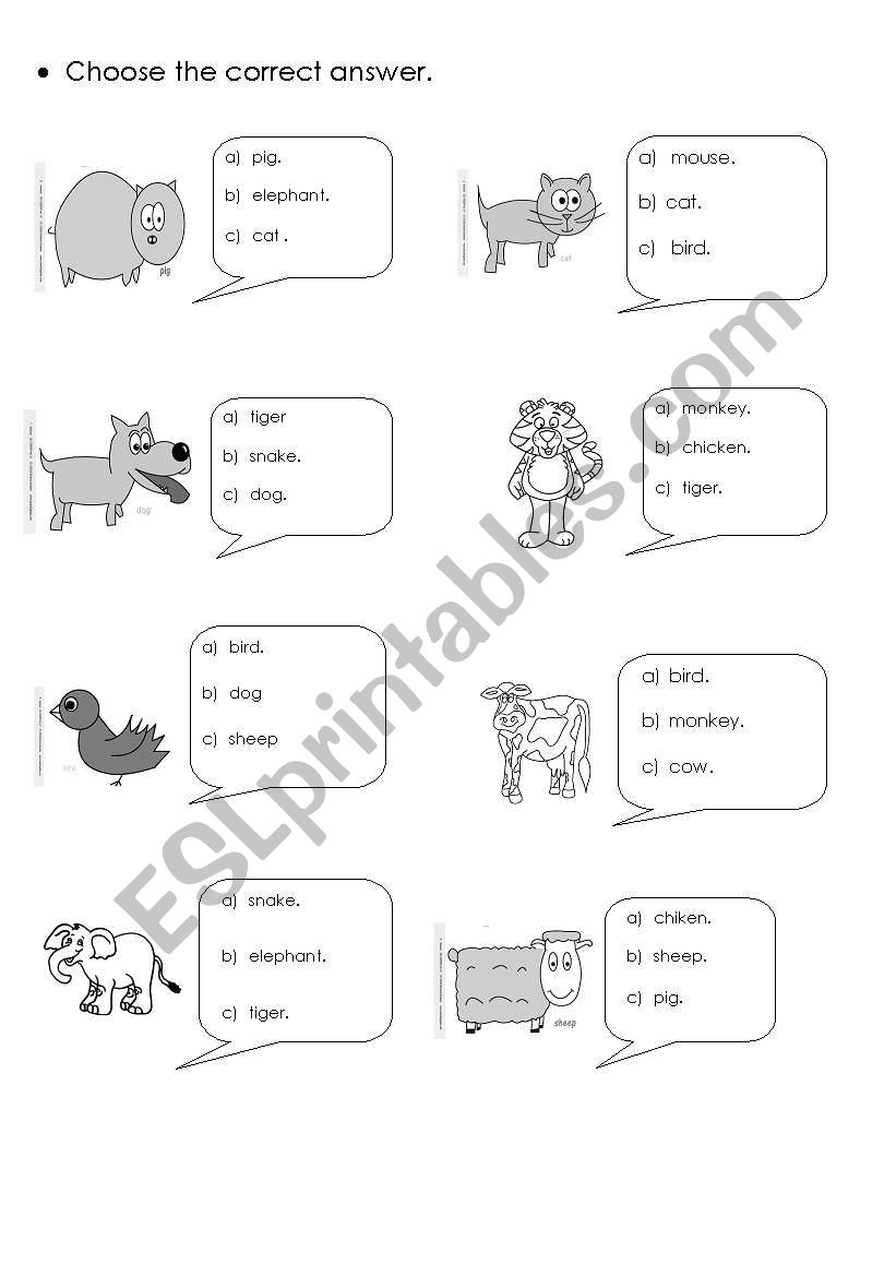 animals multiple choice worksheet