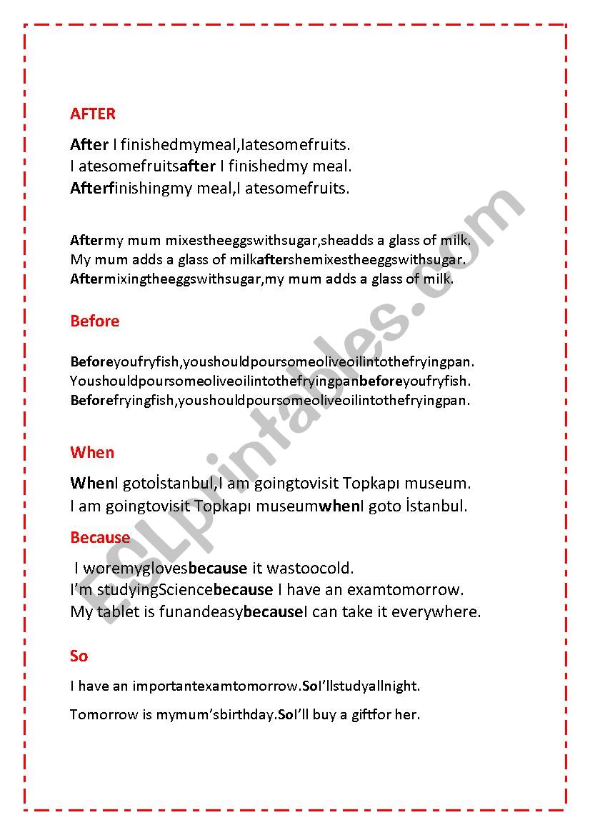 AFTER-BEFORE-WHEN-BECAUSE-SO worksheet