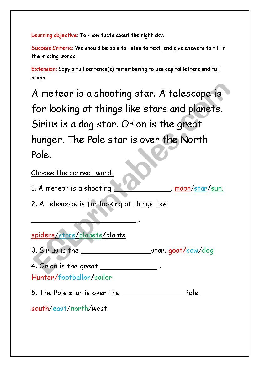 The night sky worksheet